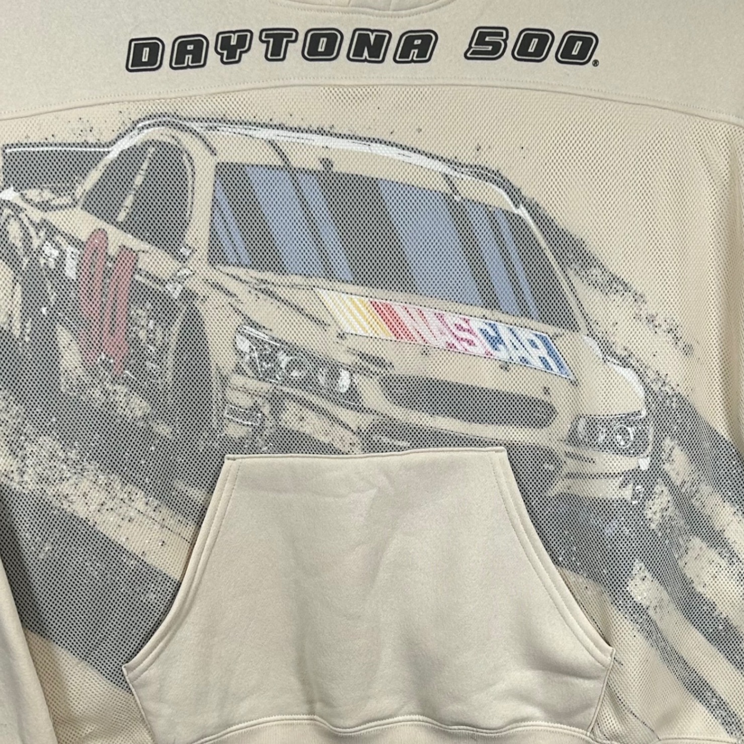 Nascar Daytona 500 Hoodie Mens Medium Tan Graphic Mesh Overlay Sweatshirt New